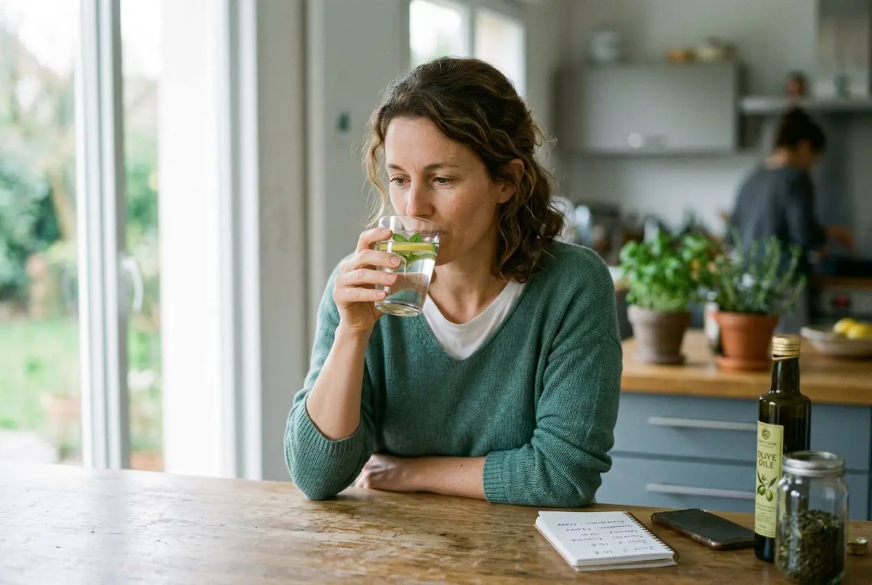 Femme en intérieur boit un verre d’eau citronnée à la maison, assise à une table en bois avec carnet, smartphone et huile d'olive sur le côté. bienfaits du jeûne thérapeutique pour la santé