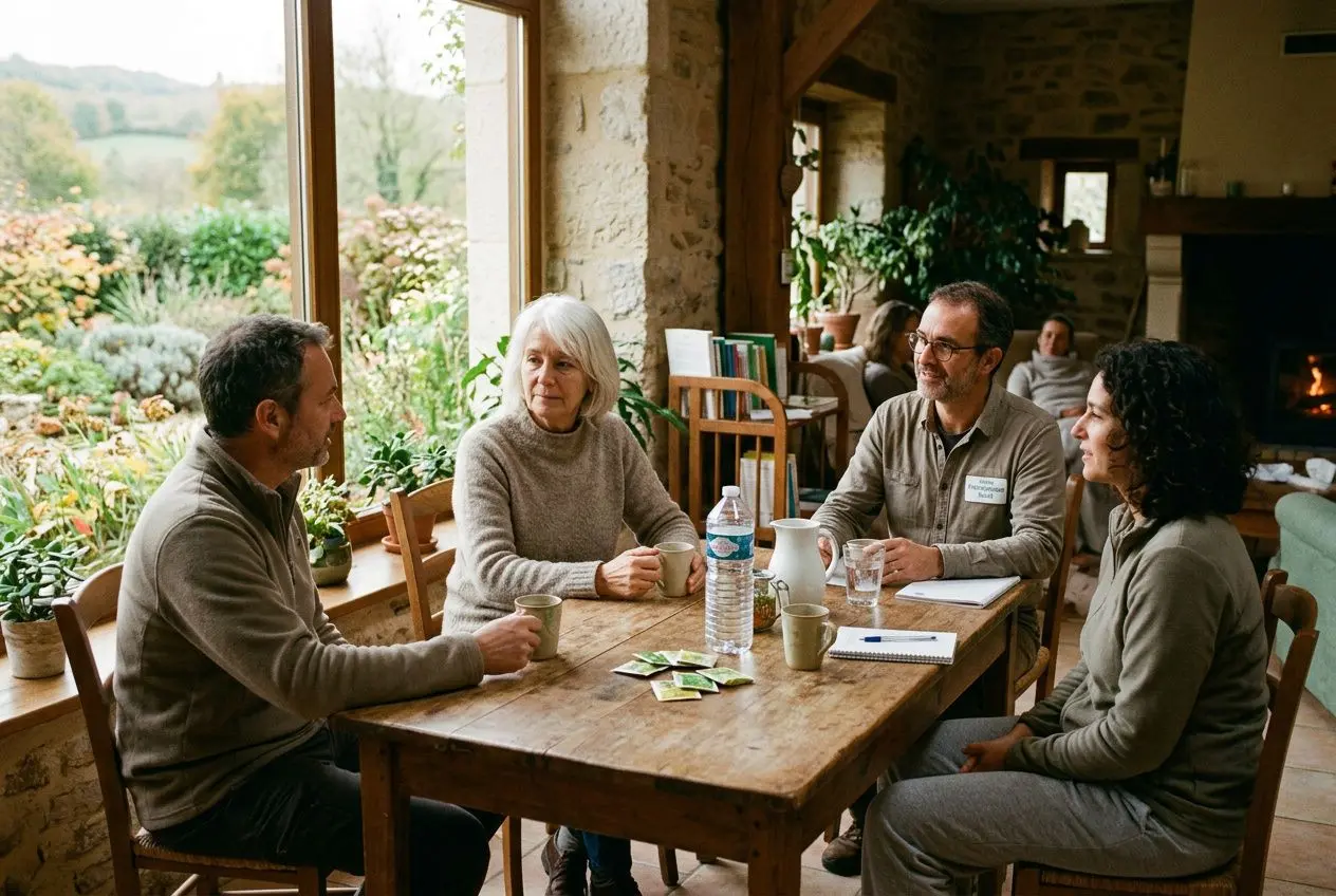 Quatre adultes âgés réunis autour d’une table en bois dans un salon chaleureux, discussion animée, cards et bouteilles d’eau sur la table. Bienfaits du jeûne thérapeutique pour la santé.