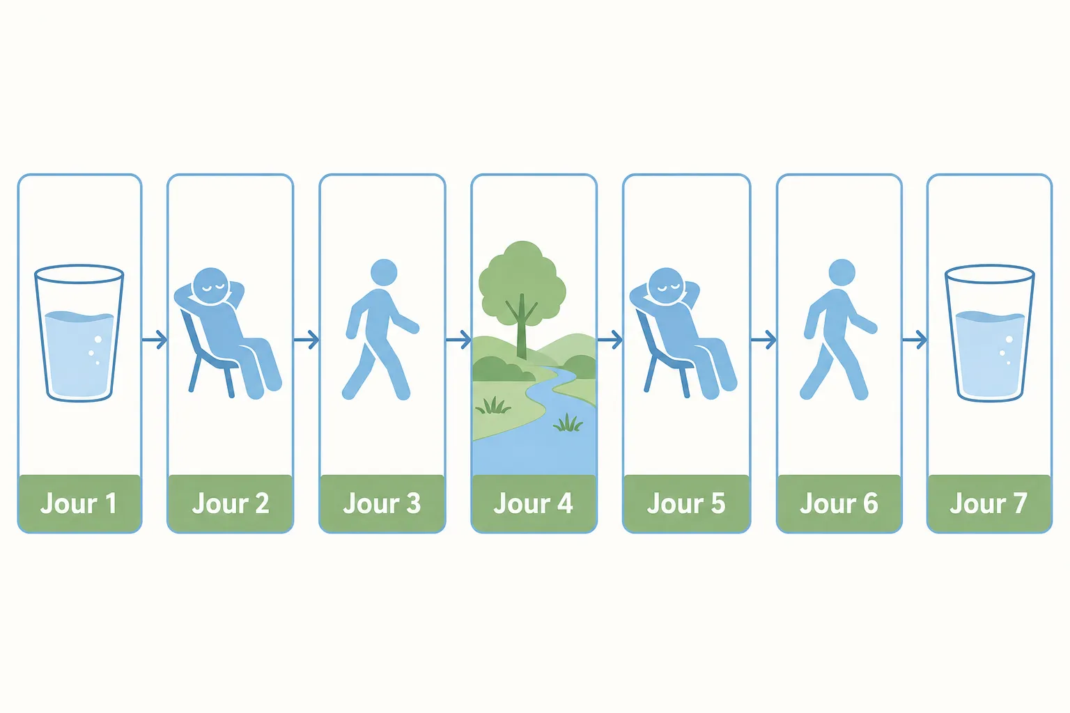 Alt texte: Séquence graphique affichant un plan de jeûne hydrique sur 7 jours, avec verre d’eau jour 1, repos jour 2, marche jour 3, nature jour 4, repos jour 5, marche jour 6 et verre d’eau jour 7, illustrant comment faire un bon jeûne hydrique.