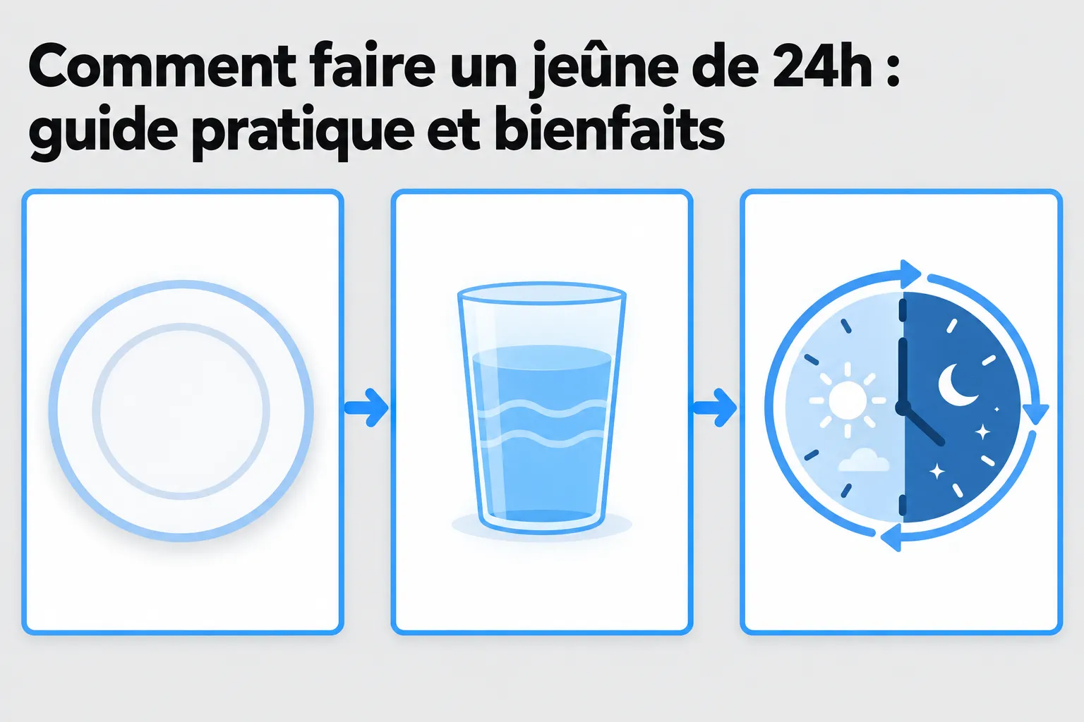Comment faire un jeûne de 24h illustré par trois étapes simples: assiette vide, verre d’eau et horloge jour/nuit pour le guide pratique et bienfaits.