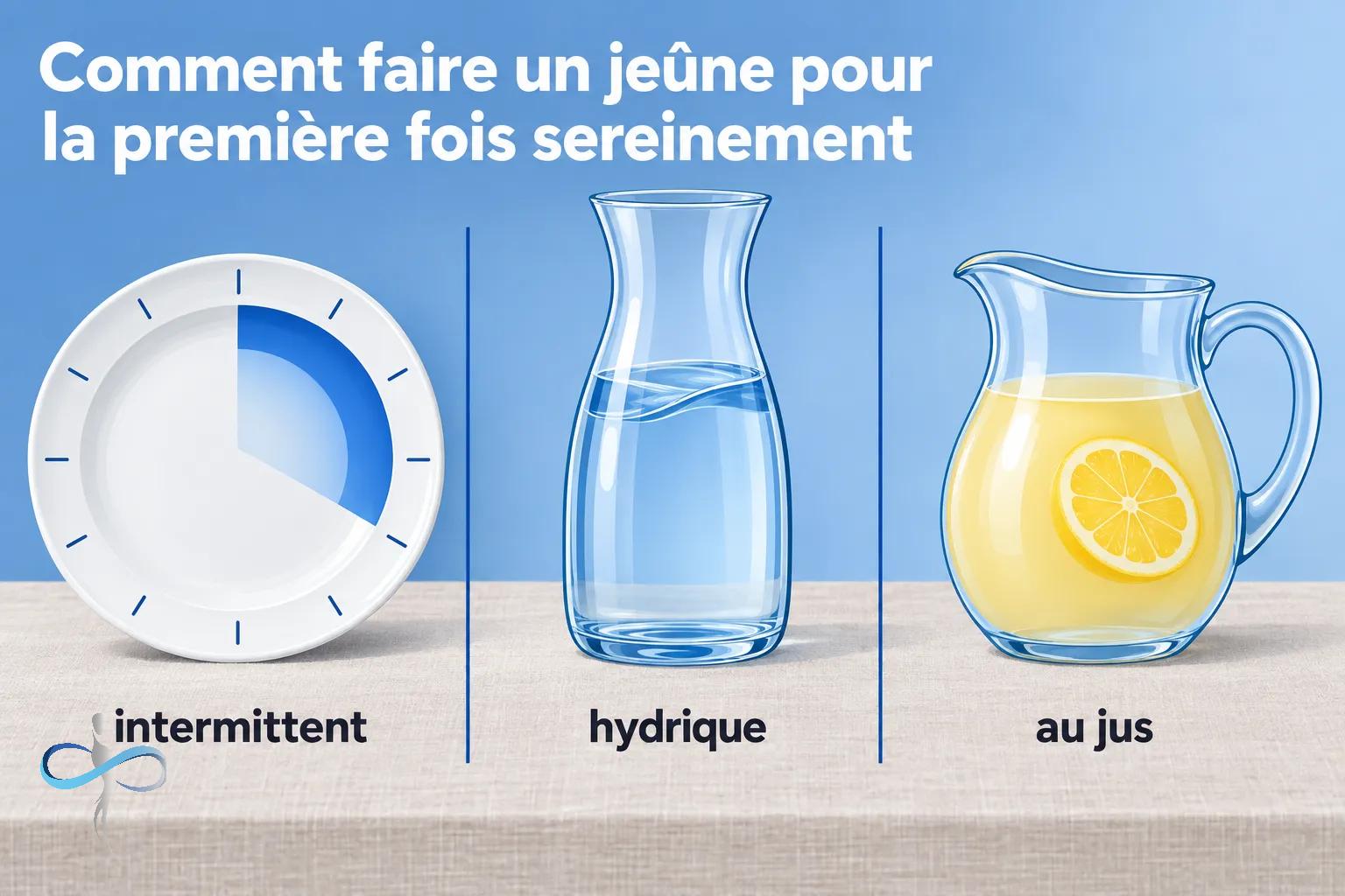 Trois récipients d’eau et de jus et une horloge dessinée sur fond bleu.