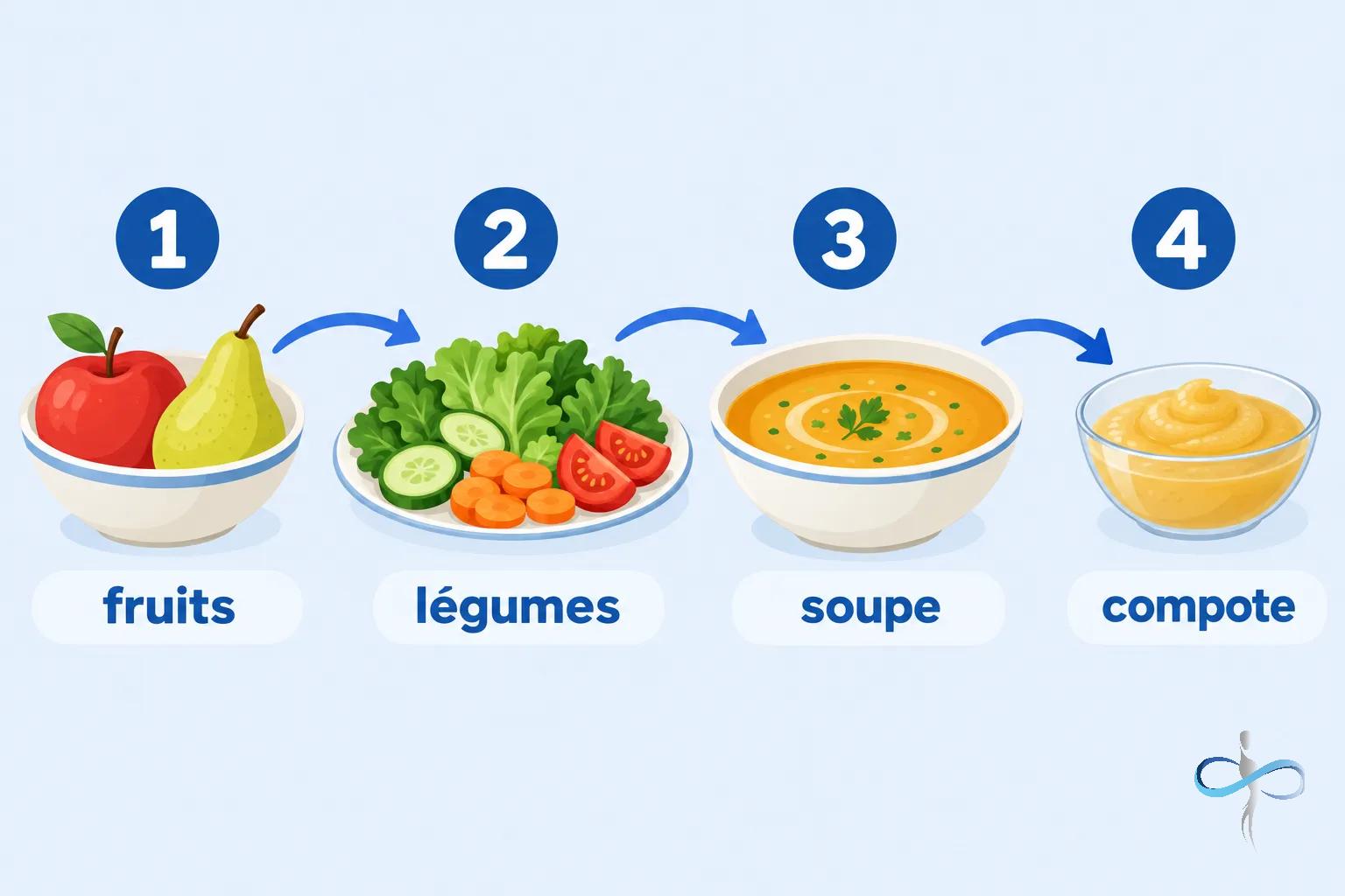 Plan alimentaire progressif montrant fruits, légumes, soupe et compote dans des bols, étape par étape.